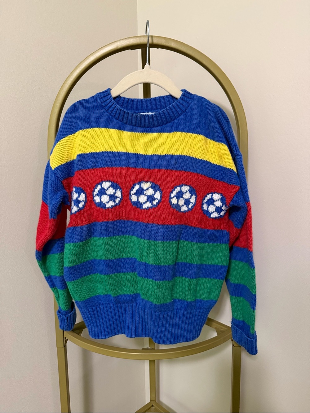 Blue Multi-Stripe Crewneck Sweater with Soccer Motif